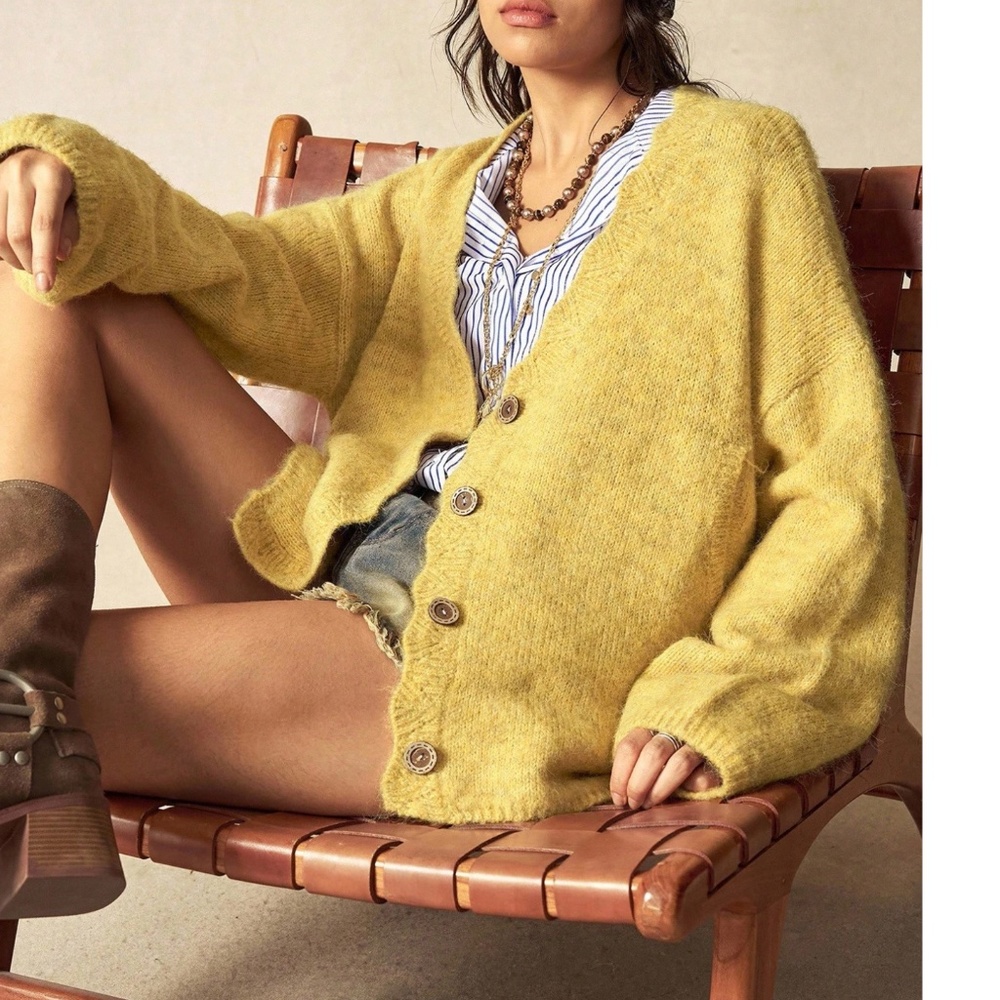 Solid Yellow Knit Button Down Oversized Cardigan - image 2